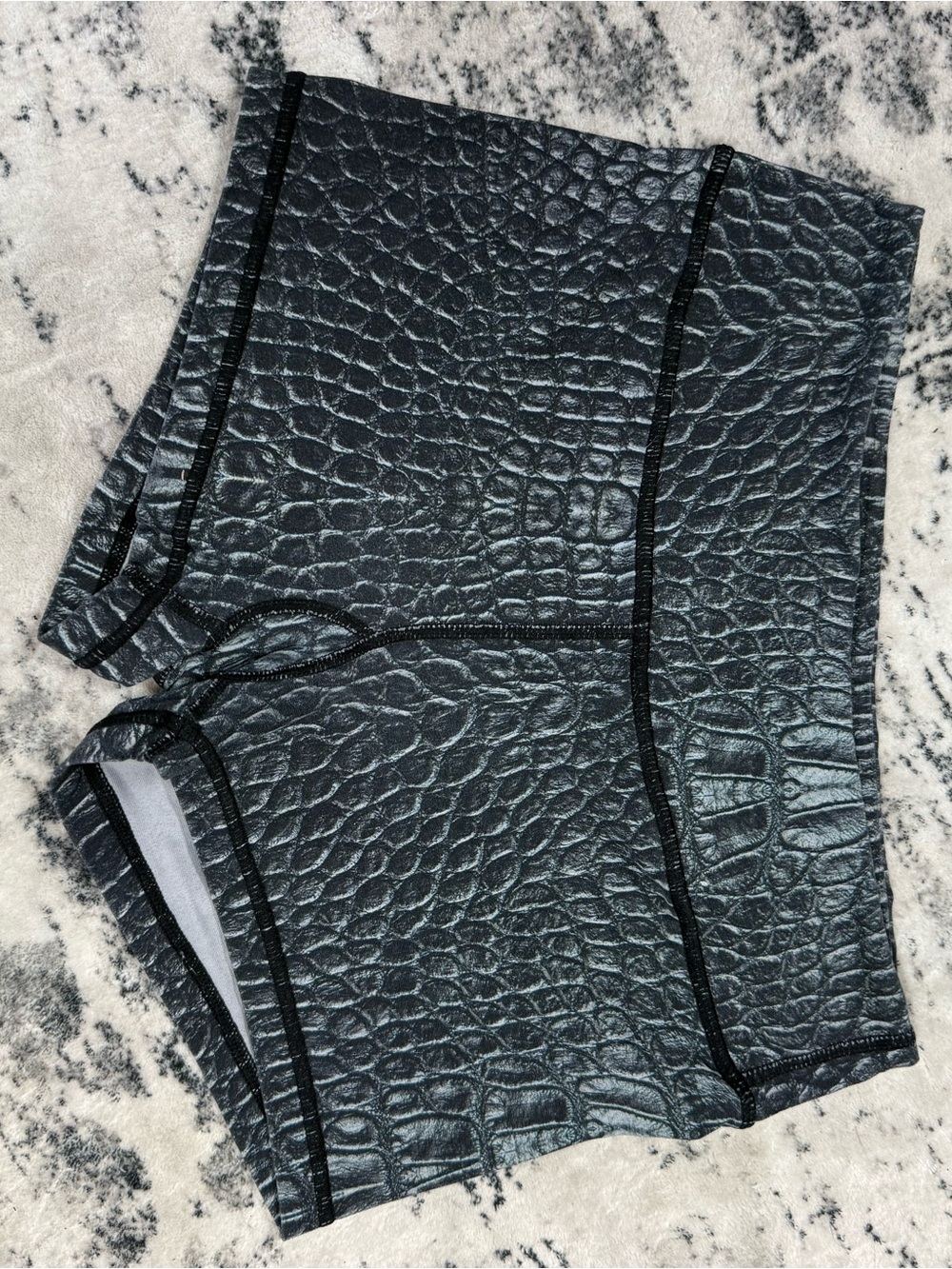 Textured Black Croc-Print Athletic Shorts